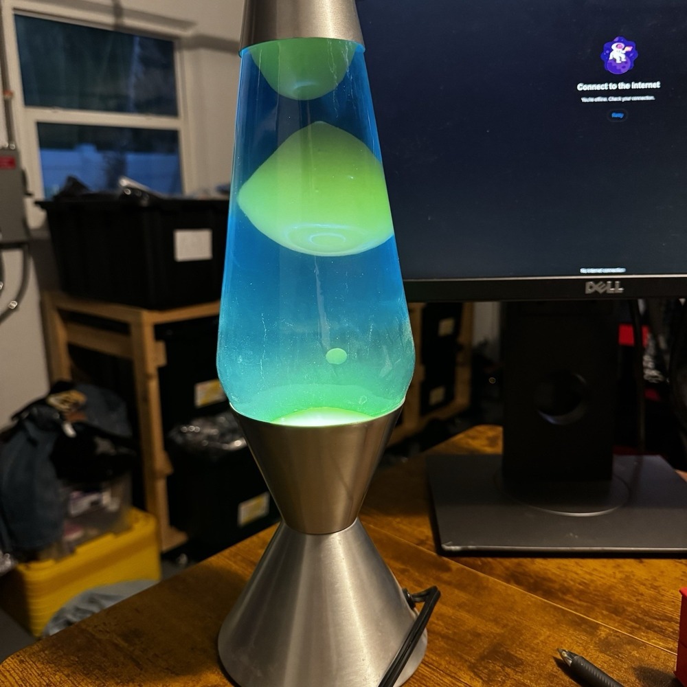 Silver Lava Lamp Blue Liquid Green Wax Retro Motion Light Tested Works 16"